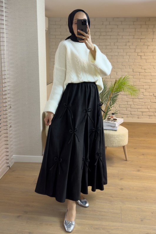 2162 Kurdele Detaylı Süet Etek - SİYAH