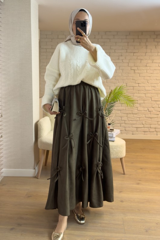 2162 Kurdele Detaylı Süet Etek - HAKİ