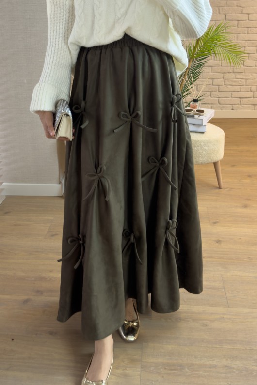 2162 Kurdele Detaylı Süet Etek - HAKİ