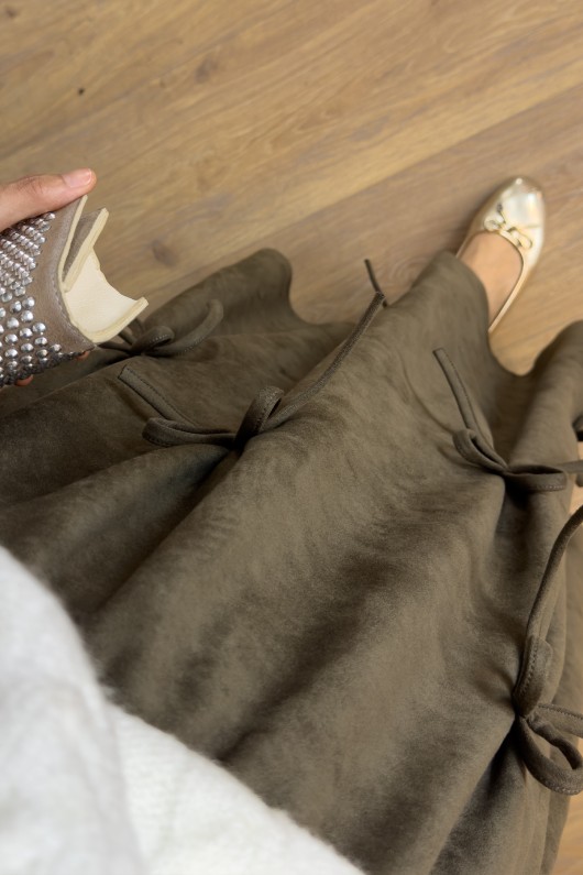 2162 Kurdele Detaylı Süet Etek - HAKİ