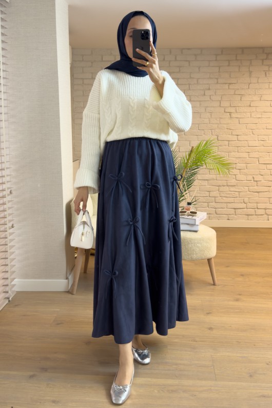 2162 Kurdele Detaylı Süet Etek - İNDİGO