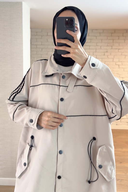 2163 Beli Lastik Büzgülü Trençkot - BEJ