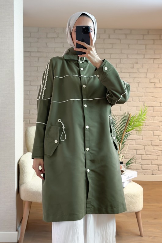 2163 Beli Lastik Büzgülü Trençkot - HAKİ