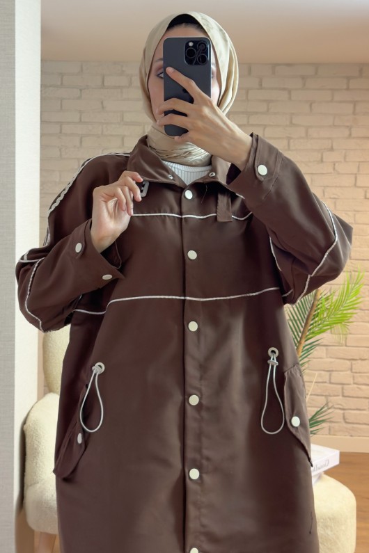 2163 Beli Lastik Büzgülü Trençkot - KAHVERENGİ