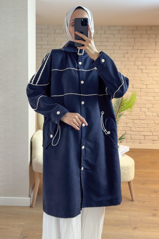 2163 Beli Lastik Büzgülü Trençkot - LACİVERT