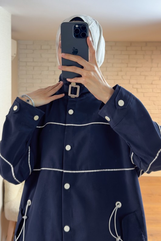 2163 Beli Lastik Büzgülü Trençkot - LACİVERT