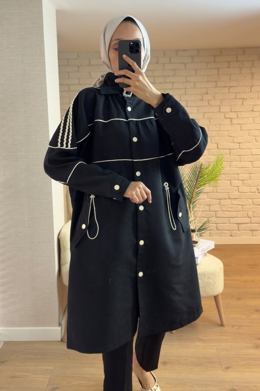 2163 Beli Lastik Büzgülü Trençkot - SİYAH 2163 Beli Lastik Büzgülü Trençkot - SİYAH