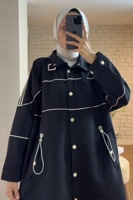 2163 Beli Lastik Büzgülü Trençkot - SİYAH 2163 Beli Lastik Büzgülü Trençkot - SİYAH