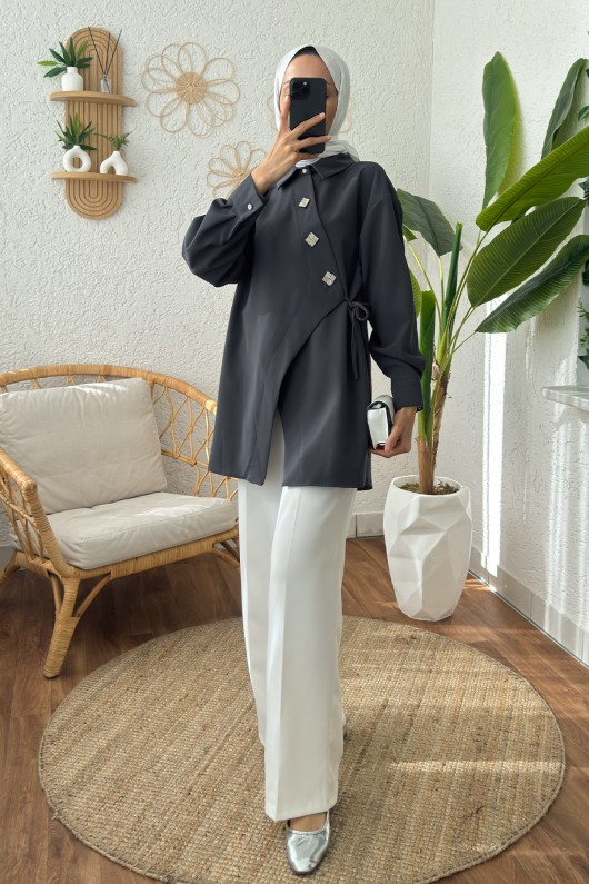 2164 Yandan Bağlamalı Asimetrik kimono - ANTRASİT 2164 Yandan Bağlamalı Asimetrik kimono - ANTRASİT