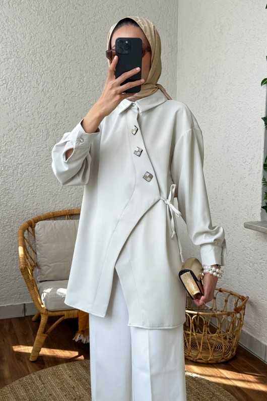 2164 Yandan Bağlamalı Asimetrik kimono - FİL DİŞİ