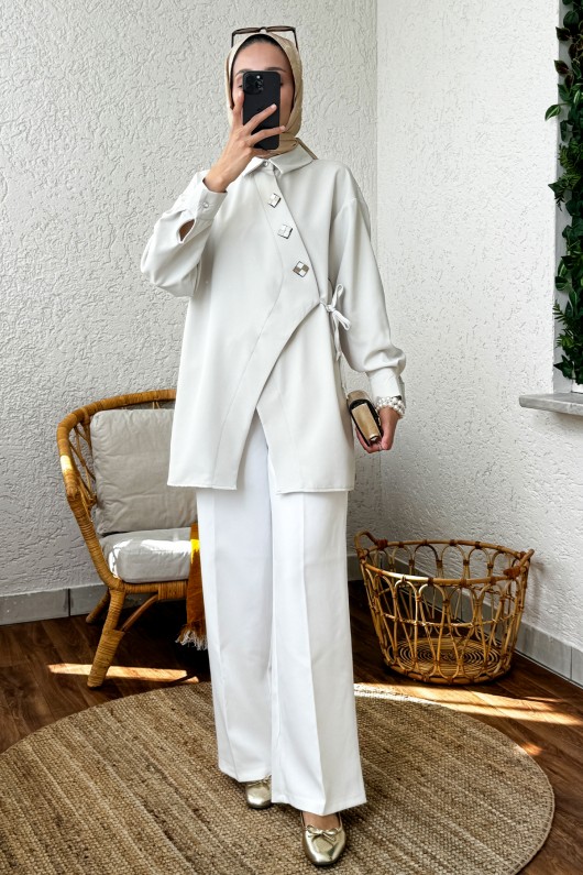 2164 Yandan Bağlamalı Asimetrik kimono - FİL DİŞİ