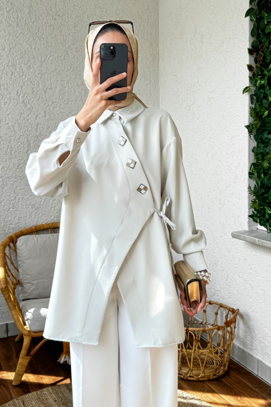 2164 Yandan Bağlamalı Asimetrik kimono - FİL DİŞİ
