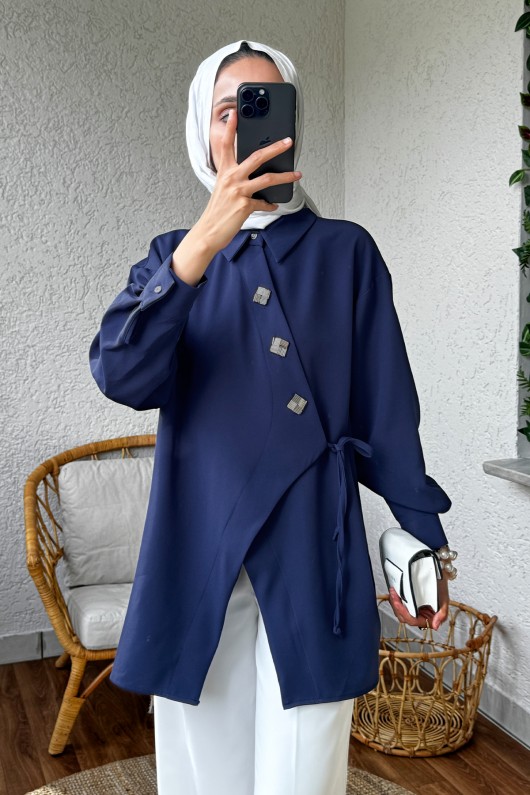 2164 Yandan Bağlamalı Asimetrik kimono - LACİVERT