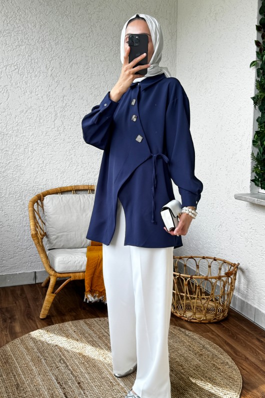 2164 Yandan Bağlamalı Asimetrik kimono - LACİVERT