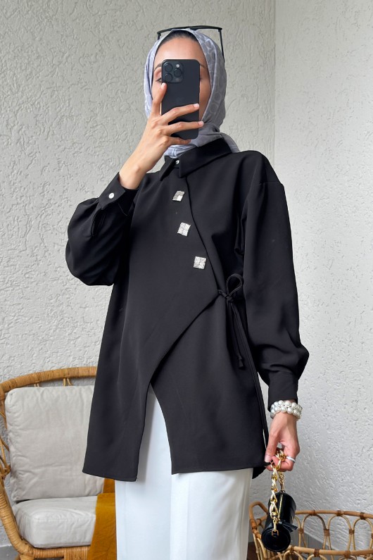 2164 Yandan Bağlamalı Asimetrik kimono - SİYAH 2164 Yandan Bağlamalı Asimetrik kimono - SİYAH