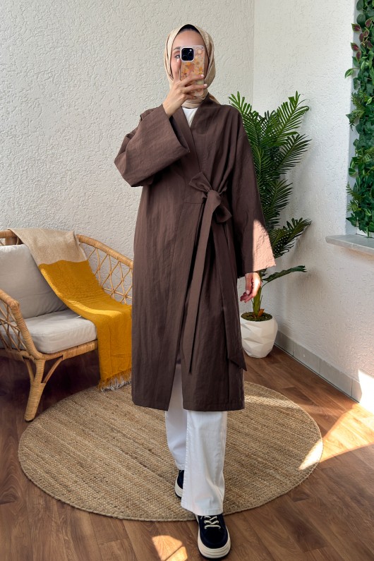 2165 Yandan Bağlamalı Kimono - KAHVERENGİ