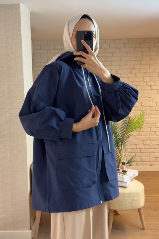 2166 Büyük Cepli Kısa Kap - LACİVERT