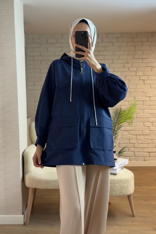 2166 Büyük Cepli Kısa Kap - LACİVERT