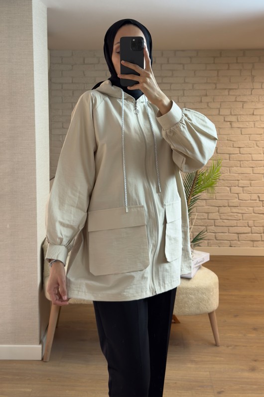 2166 Büyük Cepli Kısa Kap - TAŞ RENGİ