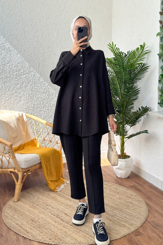 2167 İnci Düğme Detaylı Takım - SİYAH