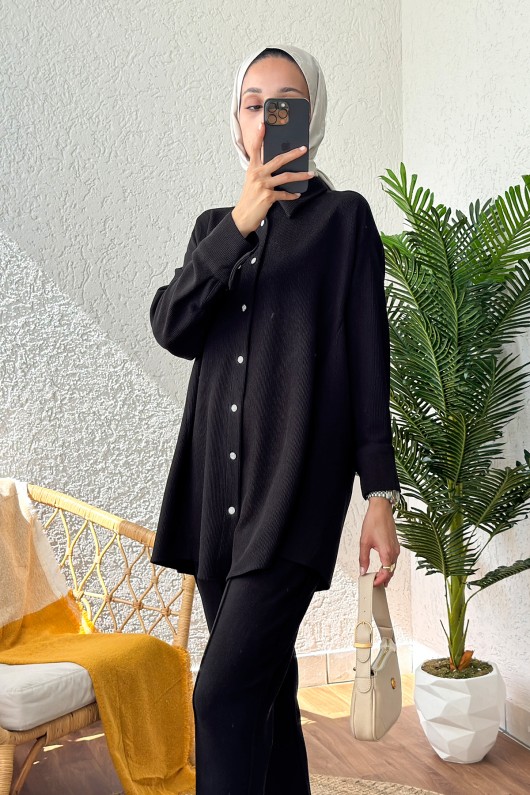 2167 İnci Düğme Detaylı Takım - SİYAH