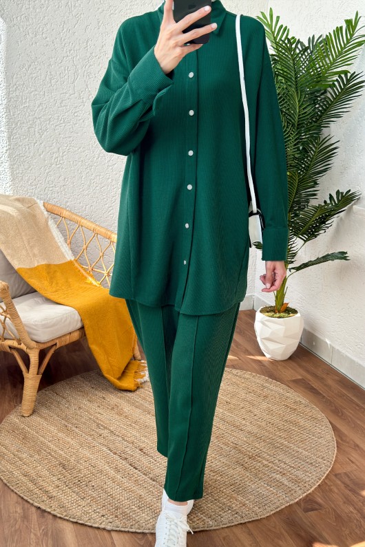 2167 İnci Düğme Detaylı Takım - YEŞİL