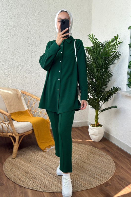 2167 İnci Düğme Detaylı Takım - YEŞİL