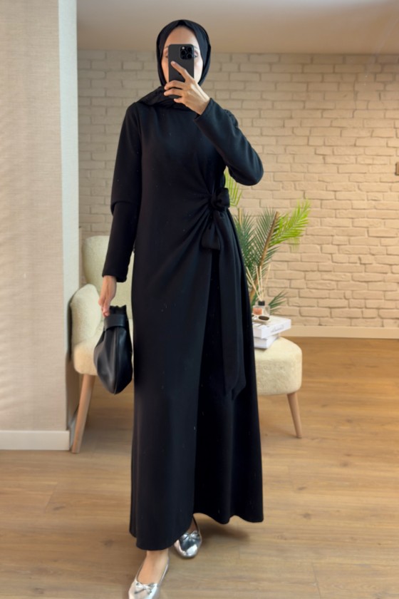 2168 Yandan Bağlamalı Kuşaklı Elbise - SİYAH