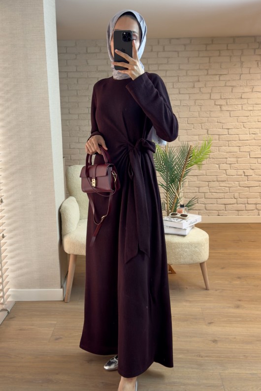 2168 Yandan Bağlamalı Kuşaklı Elbise - VİŞNE ÇÜRÜĞÜ 2168 Yandan Bağlamalı Kuşaklı Elbise - VİŞNE ÇÜRÜĞÜ