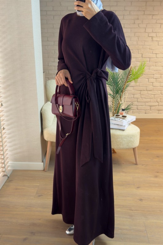 2168 Yandan Bağlamalı Kuşaklı Elbise - VİŞNE ÇÜRÜĞÜ 2168 Yandan Bağlamalı Kuşaklı Elbise - VİŞNE ÇÜRÜĞÜ