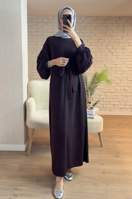 2169 Balon Kol Kuşaklı Elbise - VİŞNE ÇÜRÜĞÜ