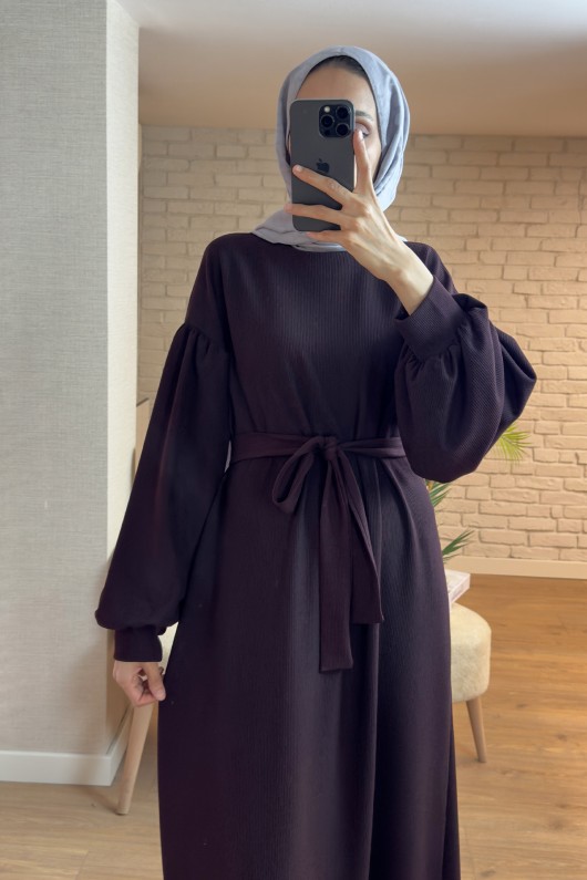 2169 Balon Kol Kuşaklı Elbise - VİŞNE ÇÜRÜĞÜ