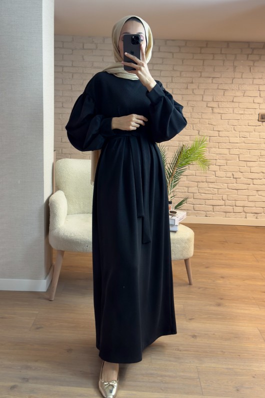 2169 Balon Kol Kuşaklı Elbise - SİYAH