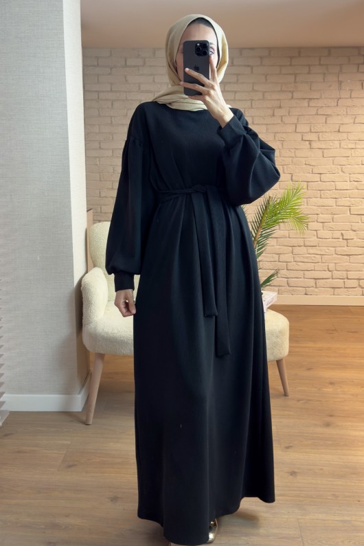 2169 Balon Kol Kuşaklı Elbise - SİYAH