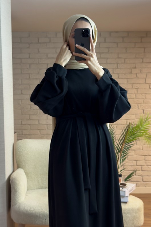 2169 Balon Kol Kuşaklı Elbise - SİYAH