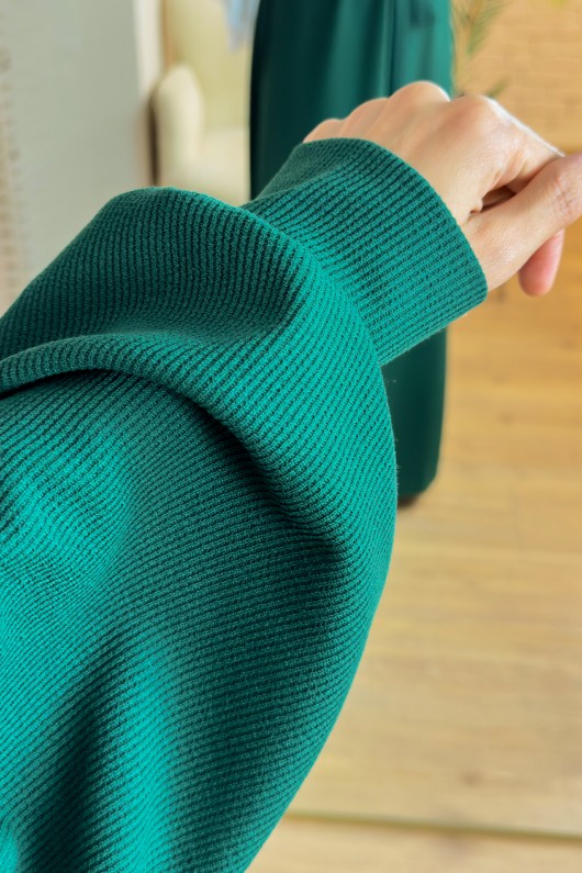 2169 Balon Kol Kuşaklı Elbise - YEŞİL