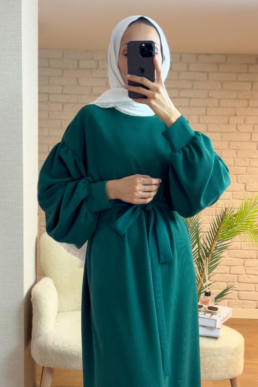 2169 Balon Kol Kuşaklı Elbise - YEŞİL