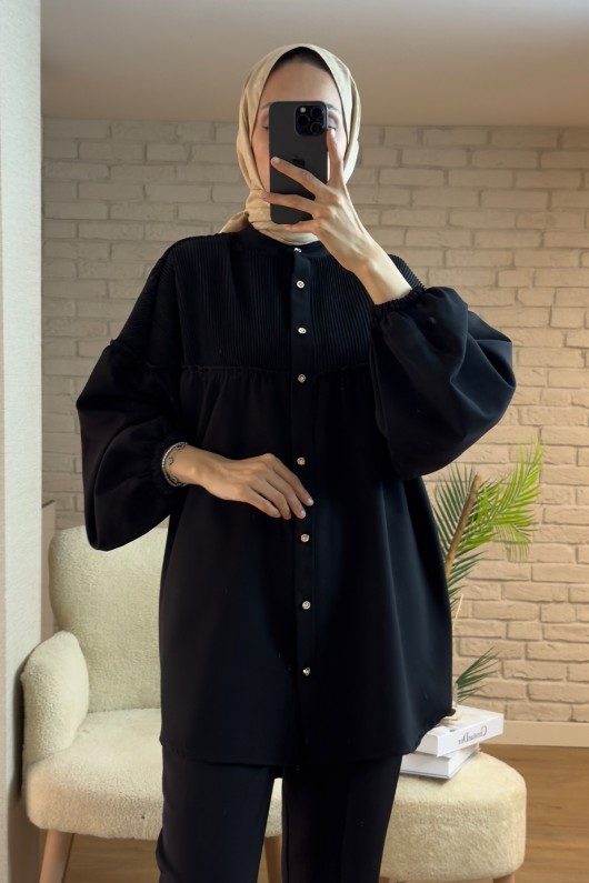 2170 Üst Kısmı Piliseli Tunik- SİYAH