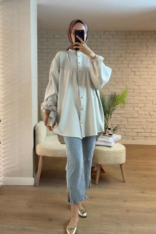 2170 Üst Kısmı Piliseli Tunik- TAŞ RENGİ