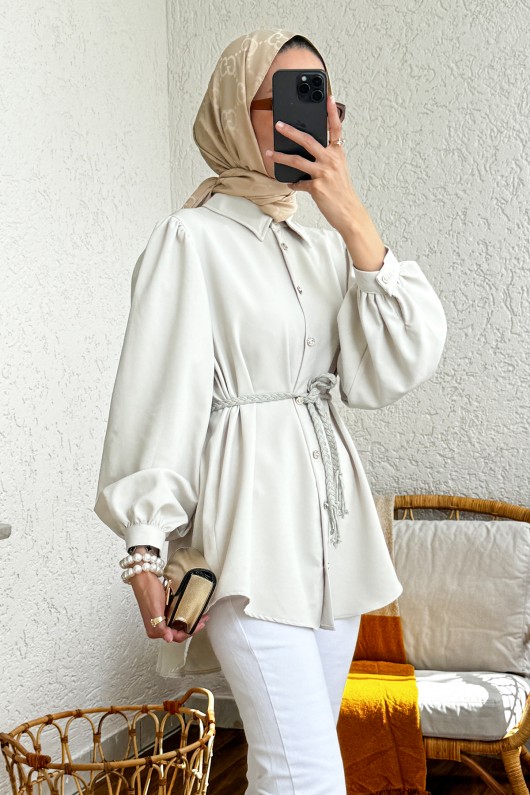 2172 Örgü Kemerli Tunik - FİL DİŞİ