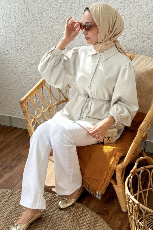 2172 Örgü Kemerli Tunik - FİL DİŞİ