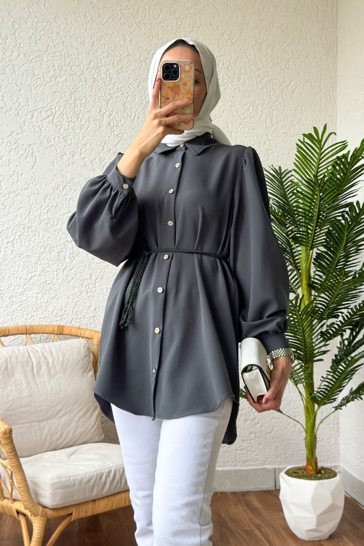 2172 Örgü Kemerli Tunik - FÜME