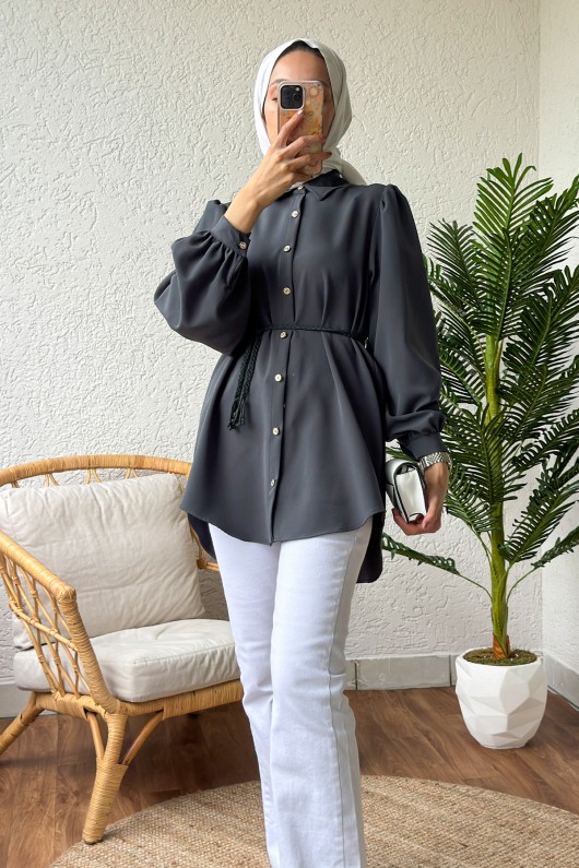 2172 Örgü Kemerli Tunik - FÜME