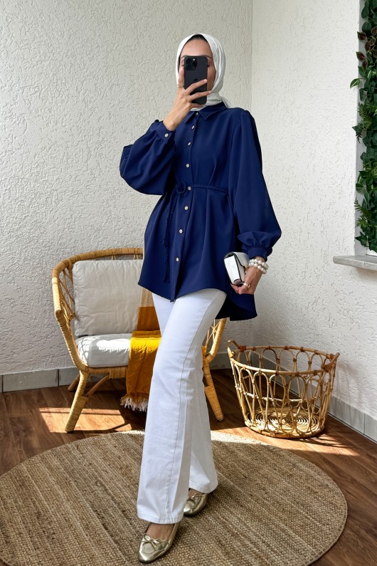 2172 Örgü Kemerli Tunik - LACİVERT