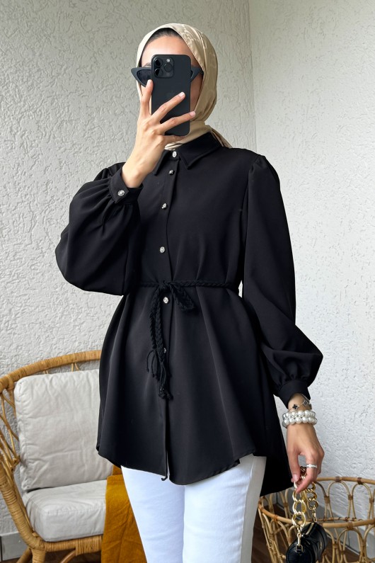 2172 Örgü Kemerli Tunik - SİYAH