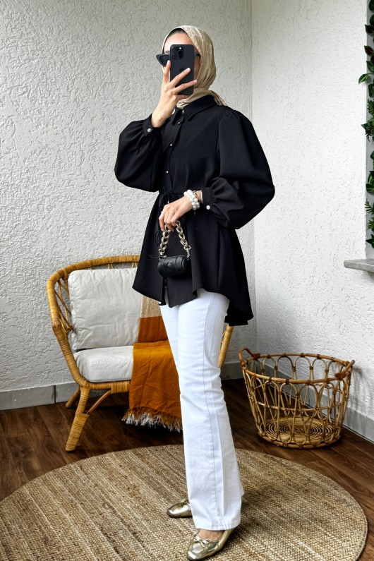 2172 Örgü Kemerli Tunik - SİYAH