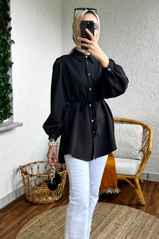 2172 Örgü Kemerli Tunik - SİYAH