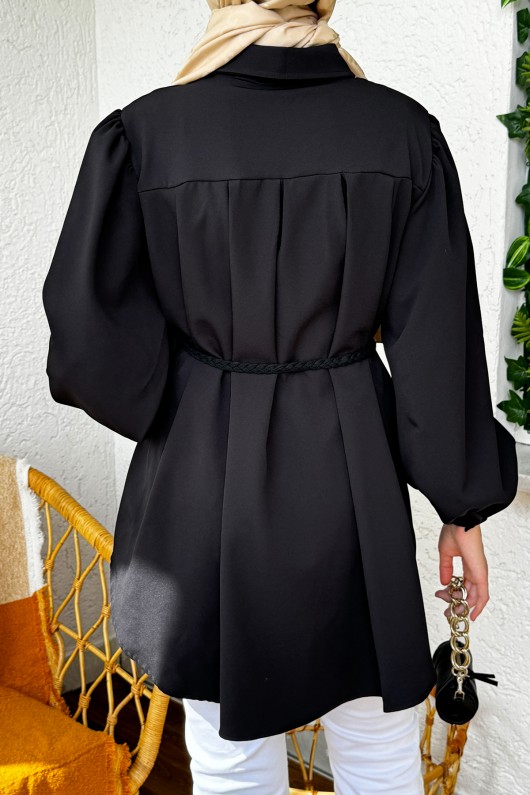 2172 Örgü Kemerli Tunik - SİYAH