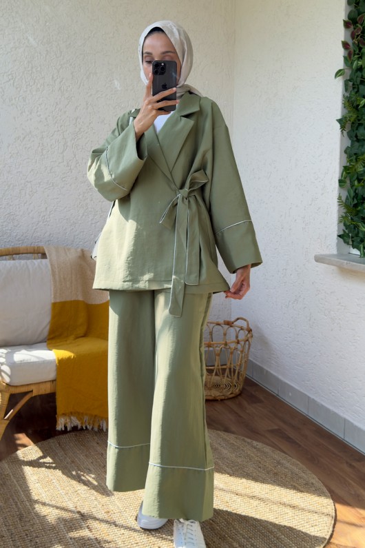 2173 Biye Detaylı Kimono Takım - HAKİ