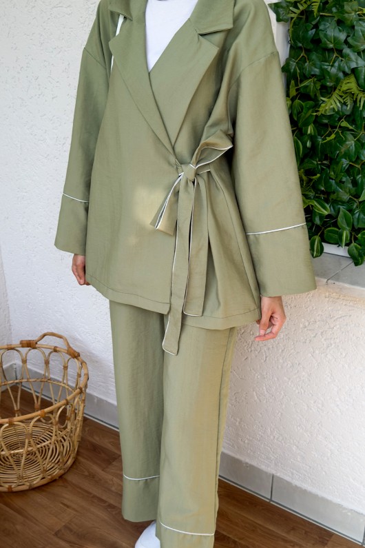 2173 Biye Detaylı Kimono Takım - HAKİ